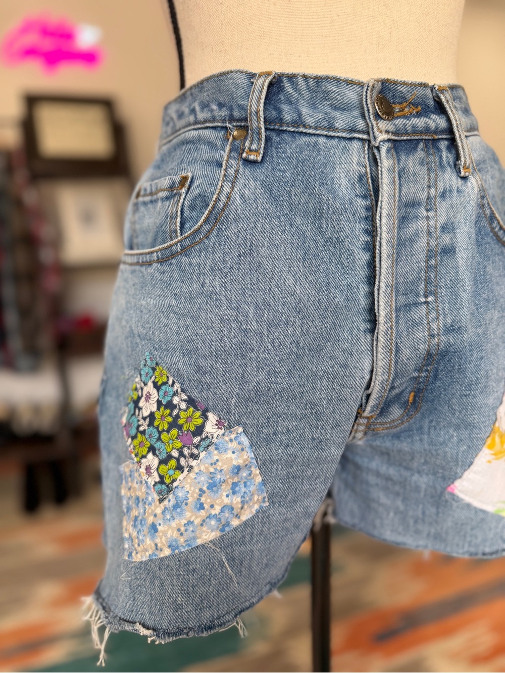 Vintage Reworked Button Front Patchwork Denim Shorts - Picture 2 of 13